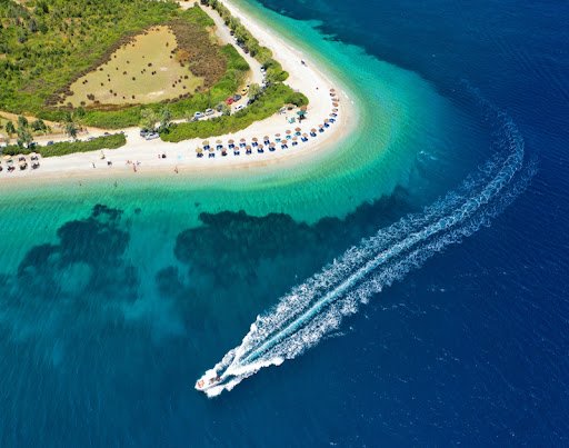 Aerial drone photo of paradise bay and beach of Agios Dimitrios with amazing turquoise clear sea, Alonissos island, Sporades, Greece
